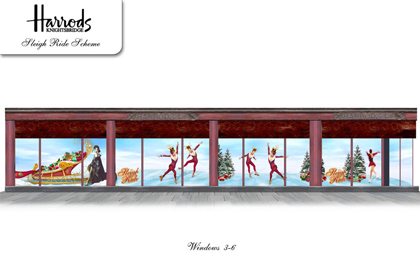 Concept sketch showing three of Prop Studios' festive window designs for Harrods