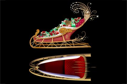 Multiple angles of Prop Studios' sleigh design for Harrods' Christmas windows