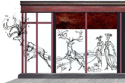 Concept drawing to show how Prop Studios' reindeer designs would look within the Harrods window