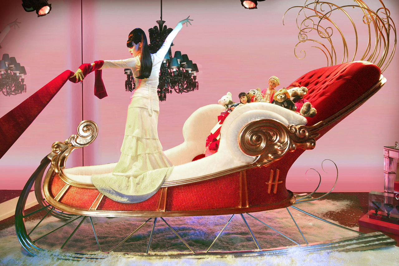 Close-up image of one of the Harrods-branded sleighs, designed exclusively for the store by Prop Studios